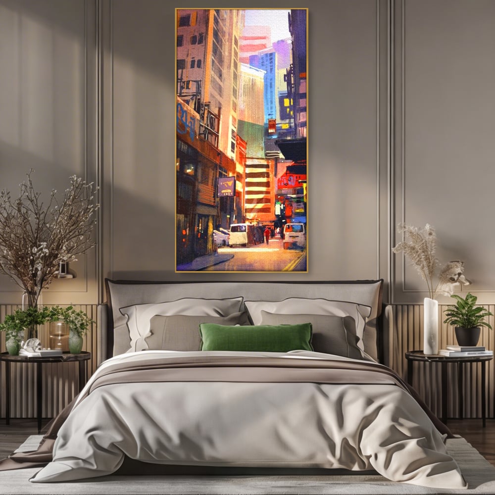 Tablou canvas cu pictura digitala cu strazi inguste, in rama de aluminiu auriu, pe perete intr-un dormitor